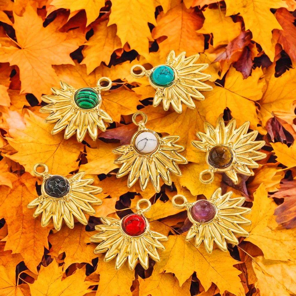 Bohemian Totem Inlay Stainless Steel Sunflower Natural Stone Earrings Necklace Pendant Jewelry Making Supplies - Image 3