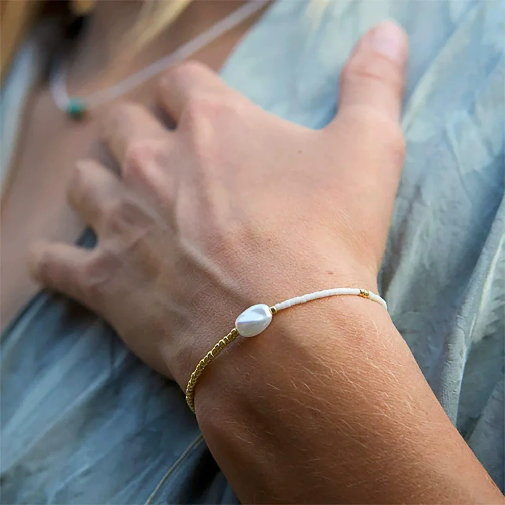 Bracelet Freshwater Pearl Metal Geometric Handmade Hand Woven For Women