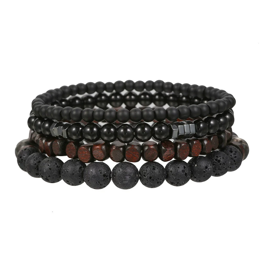 Bracelet Jewelry Wooden Beads Volcanic Stone Black Gallstone Black Frosted Geometric Handmade Unisex - Image 6