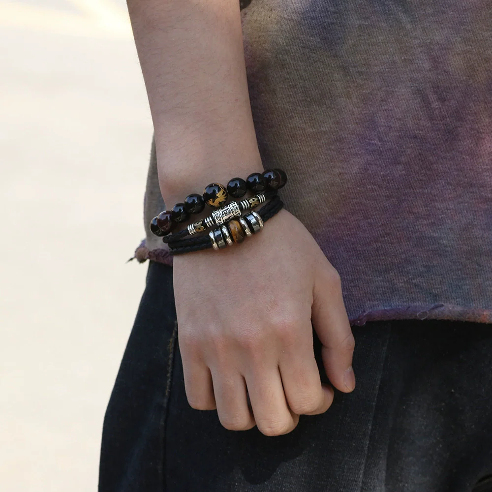 Bracelet Lapis Lazuli Tiger Eye Stone Cortex Stainless Steel Buckle Retro Geometric Handwoven Jewelry - Image 3