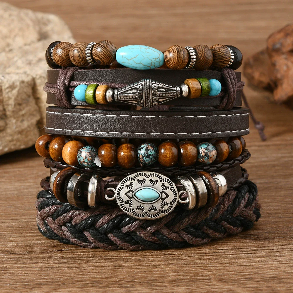 Bracelet Leather Geometric Bohemian Handmade Wooden Beads Flower Cow Head Eyes Feather - Image 3