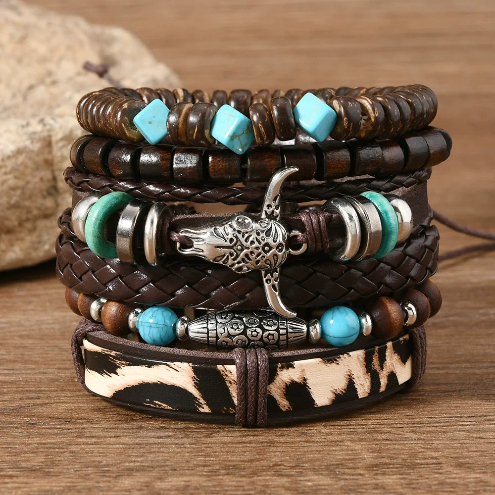 Bracelet Leather Geometric Bohemian Handmade Wooden Beads Flower Cow Head Eyes Feather - Image 4