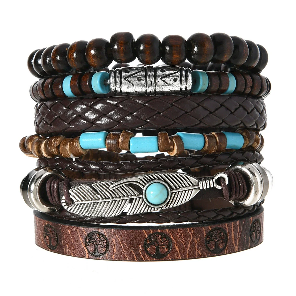 Bracelet Leather Geometric Bohemian Handmade Wooden Beads Flower Cow Head Eyes Feather - Image 5