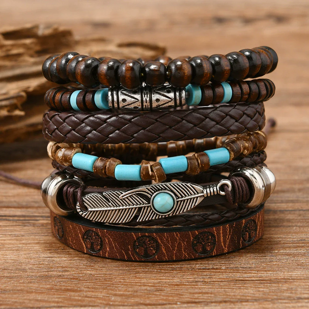 Bracelet Leather Geometric Bohemian Handmade Wooden Beads Flower Cow Head Eyes Feather - Image 9