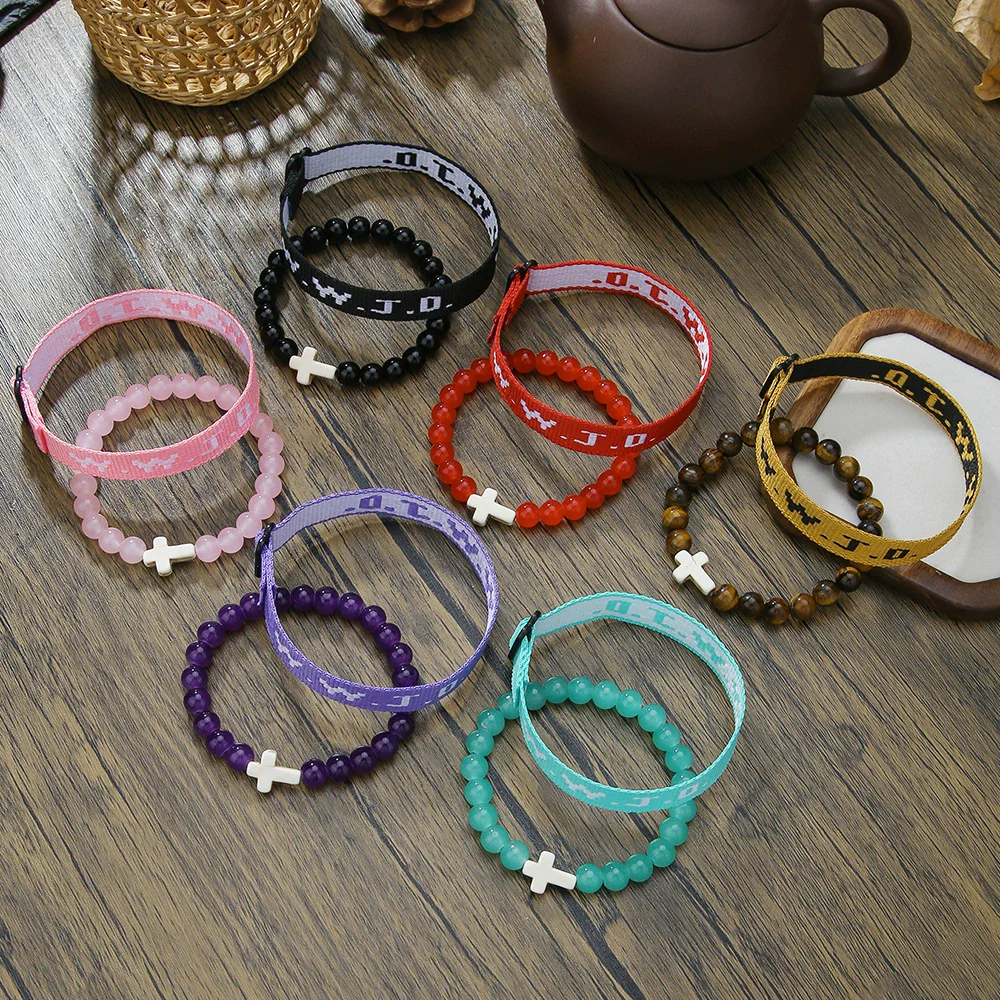 Bracelet Natural Stone Beads Geometric Handmade Cross Charm Faith Friendship Couple Unisex