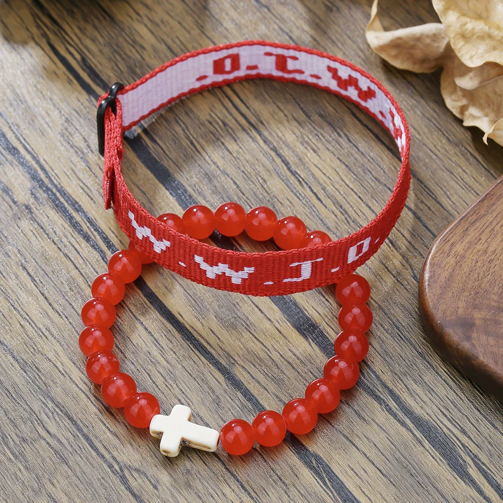 Bracelet Natural Stone Beads Geometric Handmade Cross Charm Faith Friendship Couple Unisex - Image 3