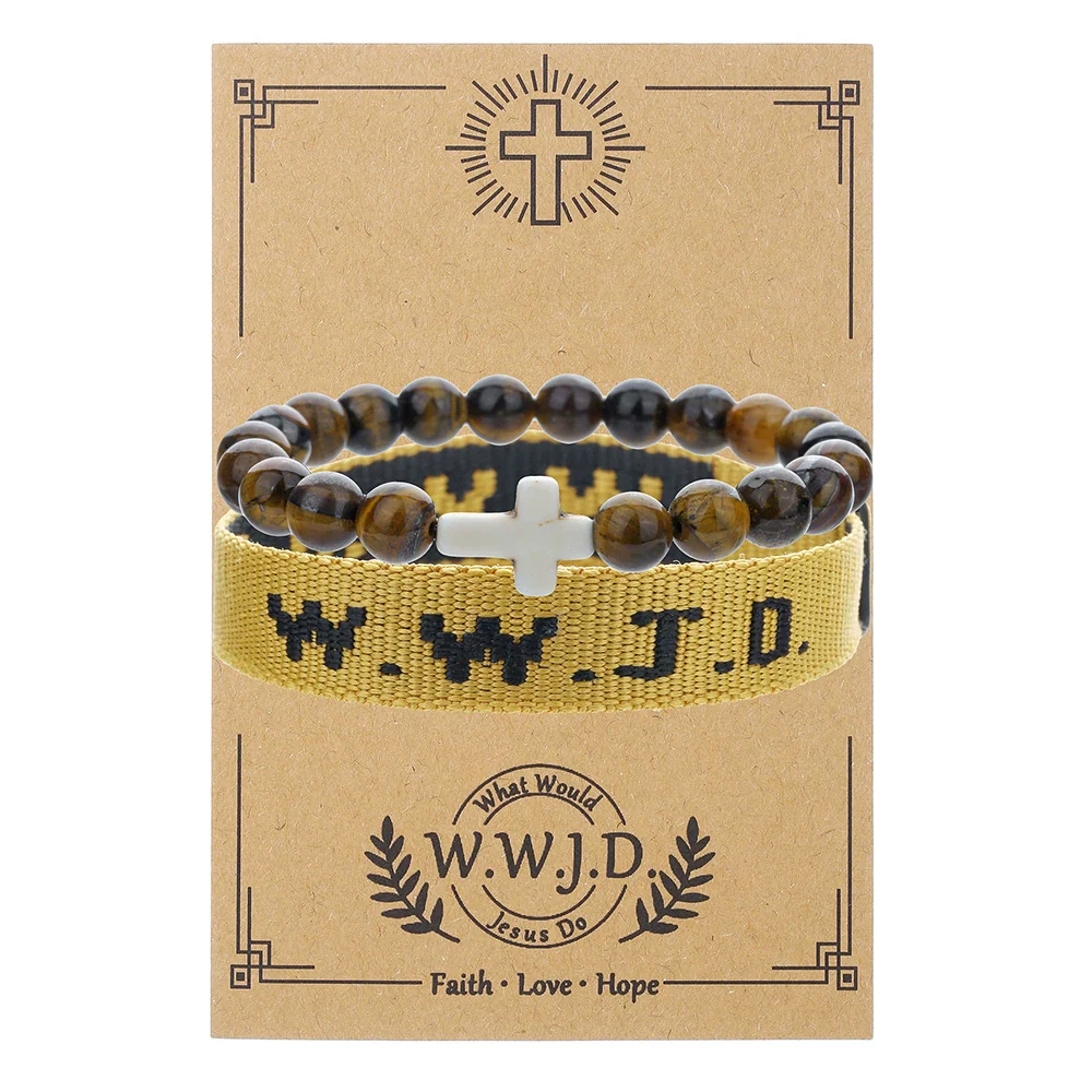 Bracelet Natural Stone Beads Geometric Handmade Cross Charm Faith Friendship Couple Unisex - Image 4