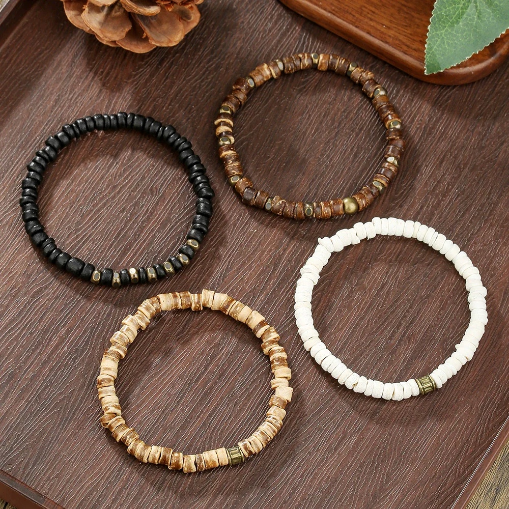 Bracelet Natural Wood Bead Coconut Shell Round Retro Handmade Unisex Hiphop Trendy - Image 3