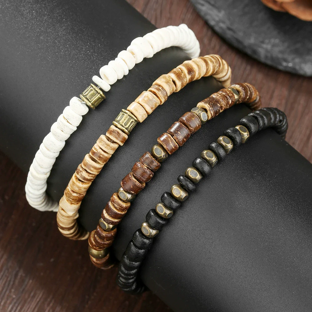 Bracelet Natural Wood Bead Coconut Shell Round Retro Handmade Unisex Hiphop Trendy - Image 4