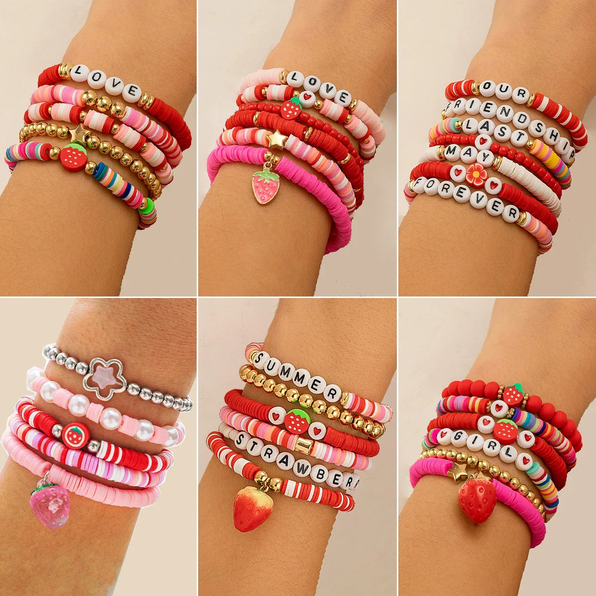 Bracelet Polymer Clay Beaded Strawberry Letter Electroplated Women's