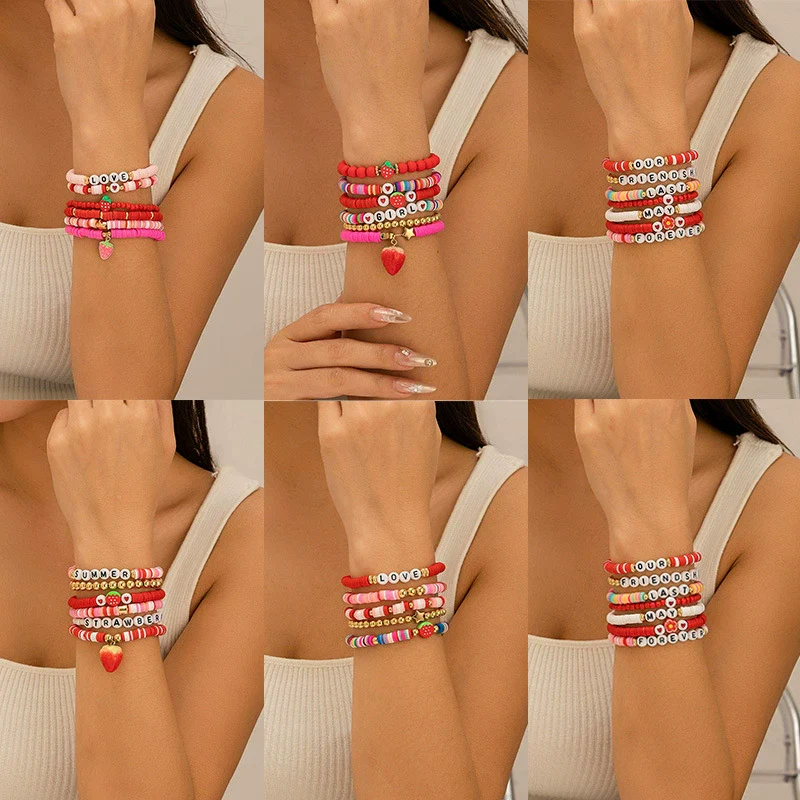 Bracelet Polymer Clay Beaded Strawberry Letter Electroplated Women's - Image 3