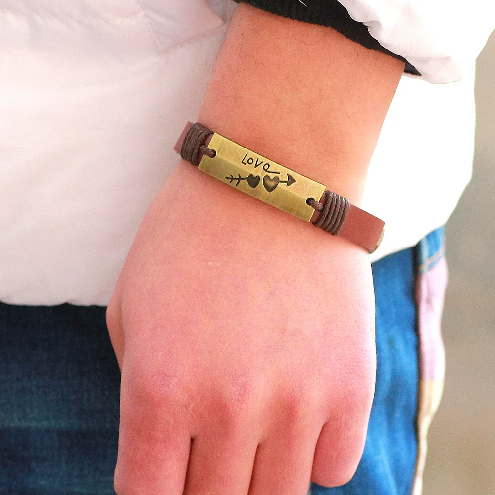 Bracelet Real Cowhide Alloy Heart Dripping Oil Fashion Old Couple Style - Image 3