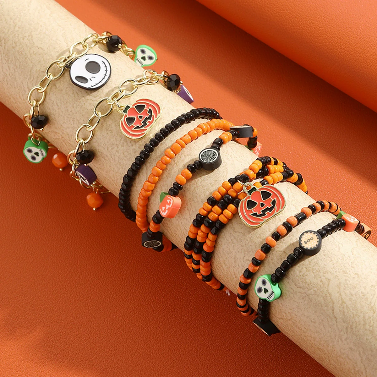 Bracelet Set Zinc Alloy Punk Festival Element Geometric Electroplating Orange Pumpkin Skull Pendant - Image 3
