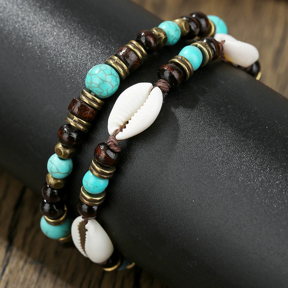 Bracelet Shell Wooden Beads Turquoise Beads Handmade Geometric Style Unisex - Image 3