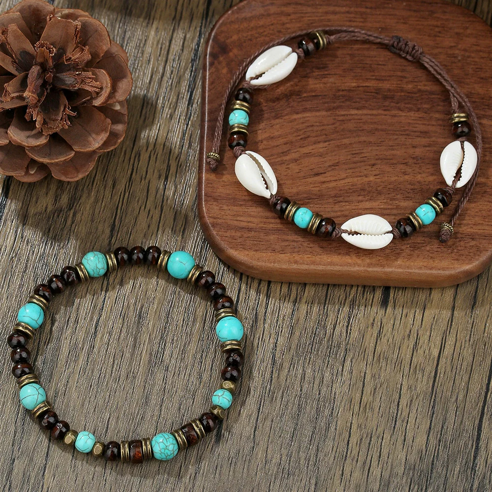 Bracelet Shell Wooden Beads Turquoise Beads Handmade Geometric Style Unisex - Image 4