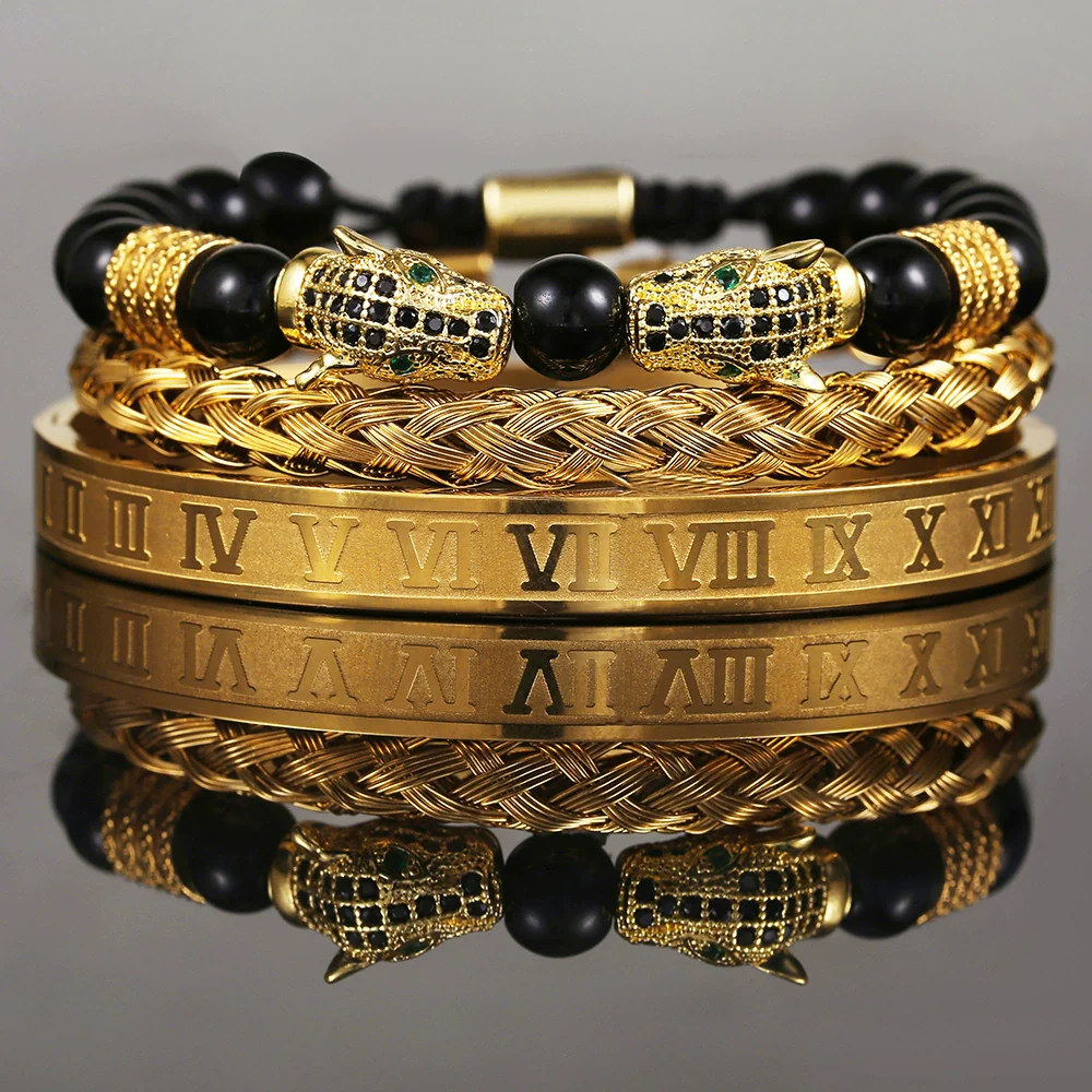 Bracelet Stainless Steel Copper Alloy Microinlaid Zircon Double Leopard Head Black Onyx Geometric Electroplating Style For Men - Image 2