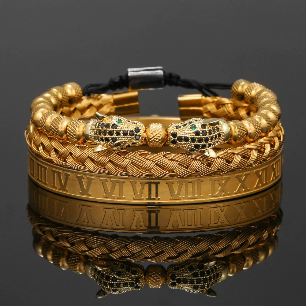 Bracelet Stainless Steel Copper Alloy Microinlaid Zircon Double Leopard Head Black Onyx Geometric Electroplating Style For Men - Image 25