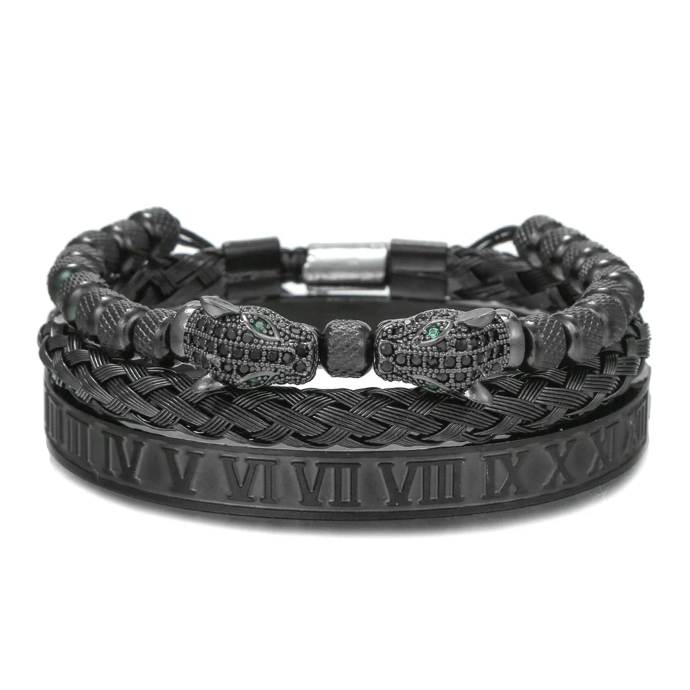 Bracelet Stainless Steel Copper Alloy Microinlaid Zircon Double Leopard Head Black Onyx Geometric Electroplating Style For Men - Image 27