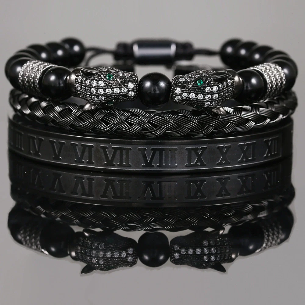 Bracelet Stainless Steel Copper Alloy Microinlaid Zircon Double Leopard Head Black Onyx Geometric Electroplating Style For Men - Image 3