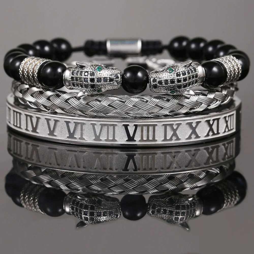 Bracelet Stainless Steel Copper Alloy Microinlaid Zircon Double Leopard Head Black Onyx Geometric Electroplating Style For Men - Image 4