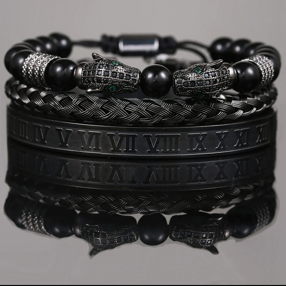 Bracelet Stainless Steel Copper Alloy Microinlaid Zircon Double Leopard Head Black Onyx Geometric Electroplating Style For Men - Image 5