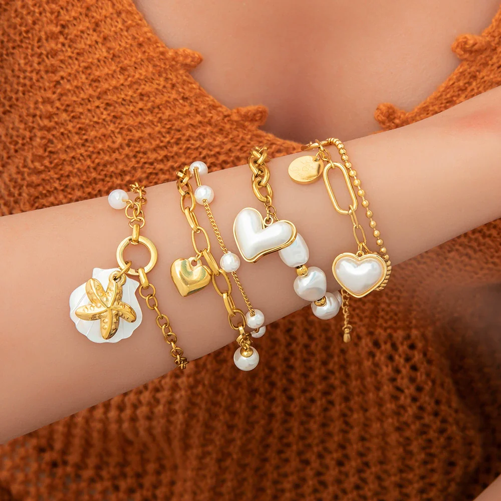 Bracelet Stainless Steel Electroplated 18K Gold Marine Style Heart Shape