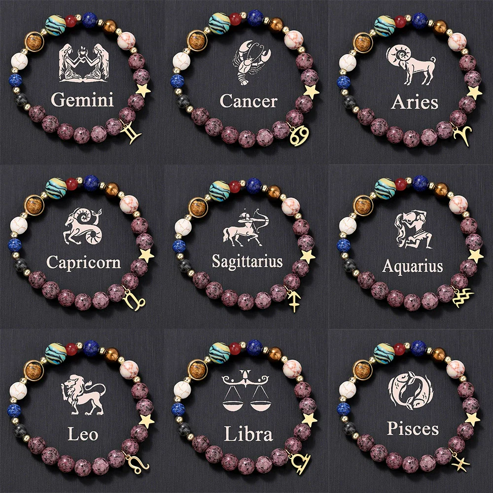 Bracelet Stainless Steel Natural Stone Granite Beaded Handmade Geometric Eight Planets 12 Constellations Unisex Women