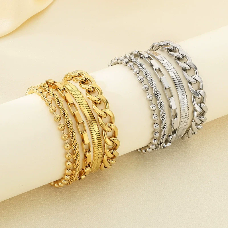 Bracelet Titanium Steel Geometric Pattern Handmade Round Bead Blade Chain Cuban Chain Style - Image 2