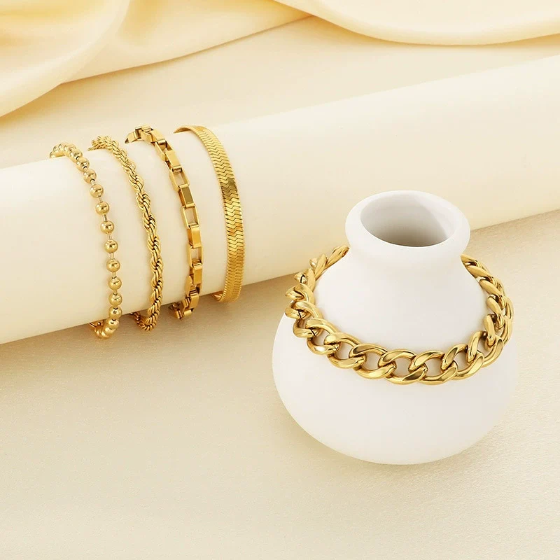 Bracelet Titanium Steel Geometric Pattern Handmade Round Bead Blade Chain Cuban Chain Style - Image 3