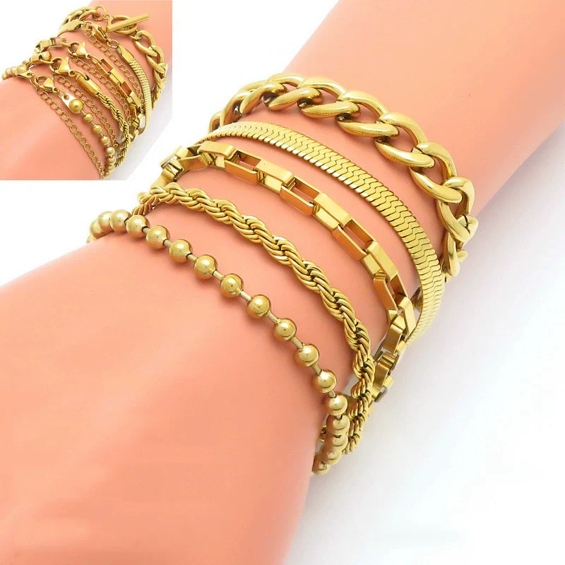 Bracelet Titanium Steel Geometric Pattern Handmade Round Bead Blade Chain Cuban Chain Style - Image 7