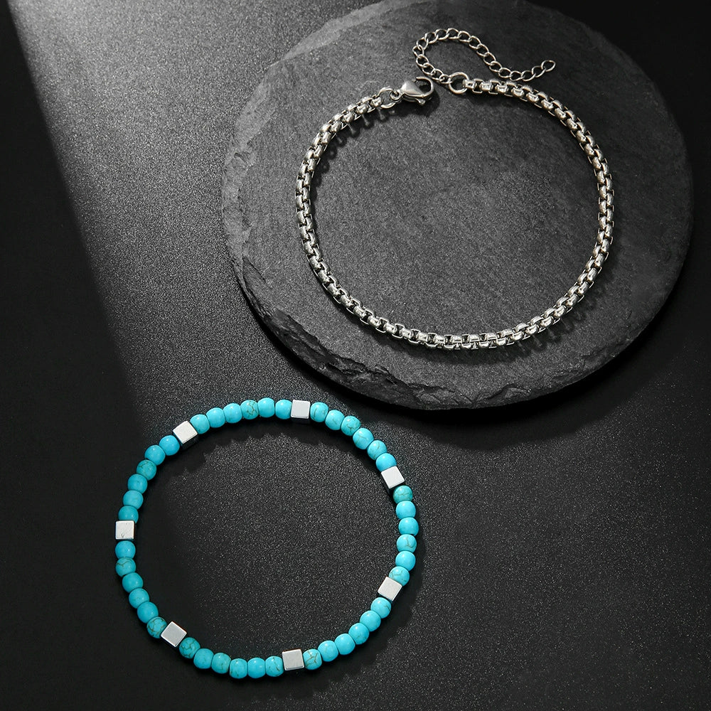 Bracelet Turquoise Black Gallstone Chain Round Handmade Fashion Bohemian Style Unisex - Image 3