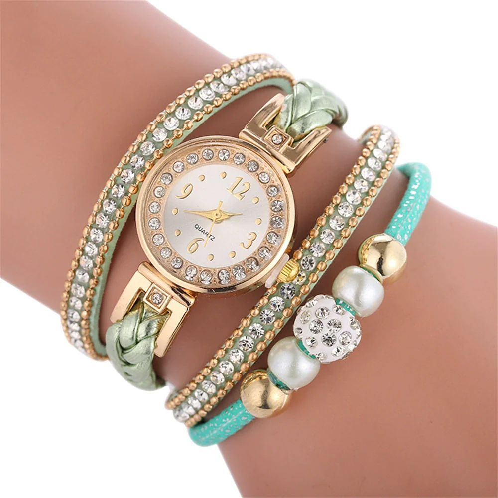 Bracelet Watch Diamond Woven Imitation Leather Strap Stainless Steel Buckle Alloy Case Round Dial Leisure Style - Image 3