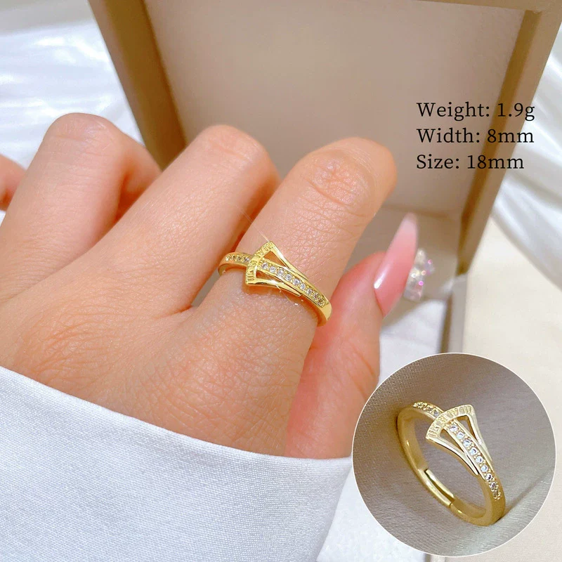 Brass Ginkgo Zircon Full Diamond Opening Adjustable Ring With Crown Pattern Electroplated For Women Cartoon Style