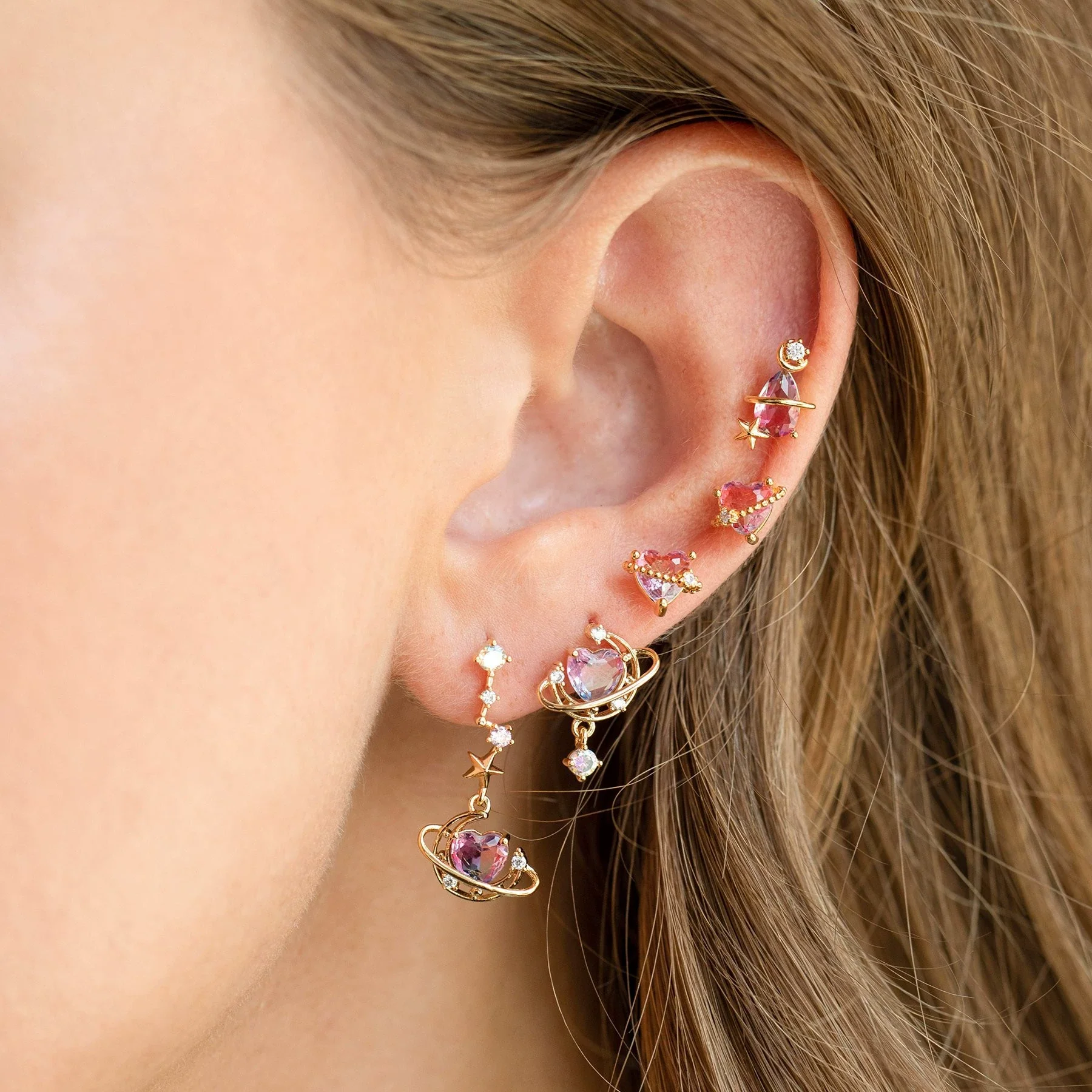 Brass Heartshaped Inlaid Zircon Women's Earrings Set