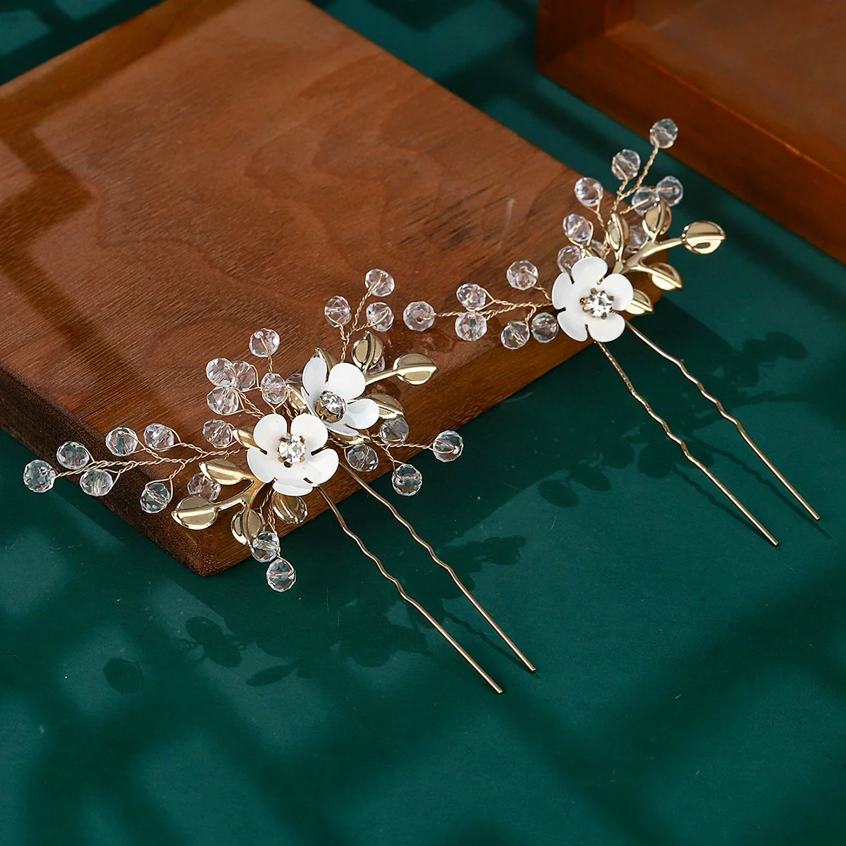 Bridal Jewelry Ushaped Handmade Alloy Hairpin With Leaf Flower Crystal Twopiece Set