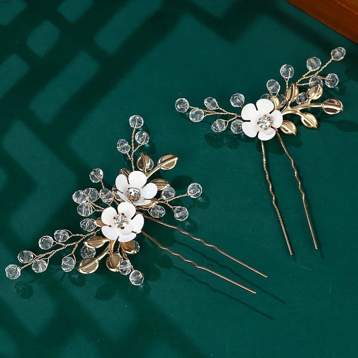 Bridal Jewelry Ushaped Handmade Alloy Hairpin With Leaf Flower Crystal Twopiece Set - Image 3
