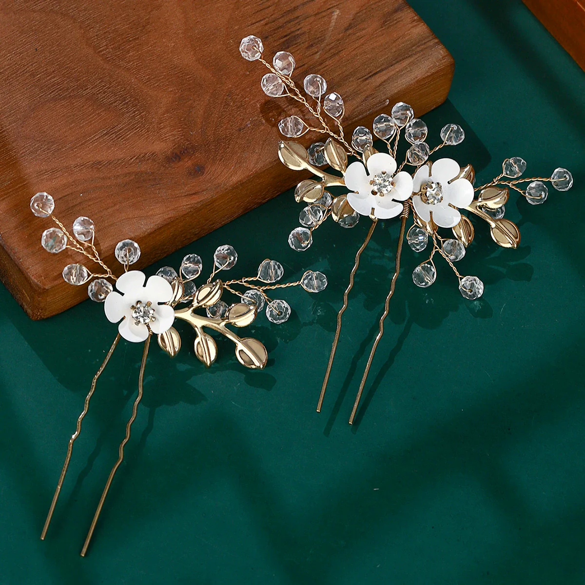 Bridal Jewelry Ushaped Handmade Alloy Hairpin With Leaf Flower Crystal Twopiece Set - Image 4