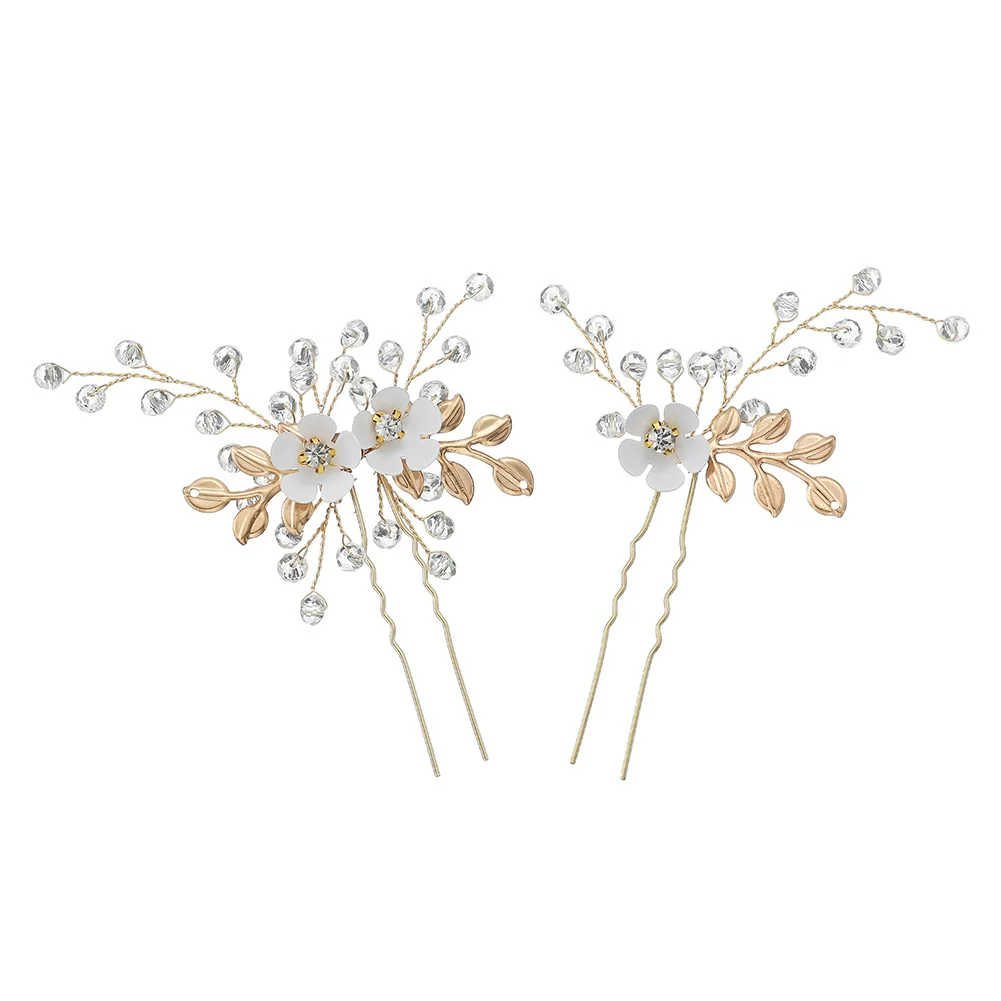 Bridal Jewelry Ushaped Handmade Alloy Hairpin With Leaf Flower Crystal Twopiece Set - Image 5