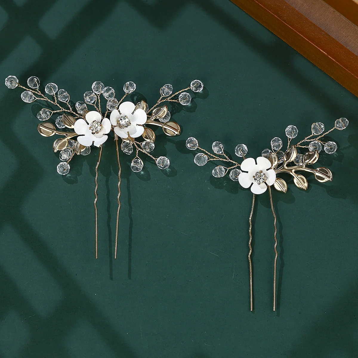Bridal Jewelry Ushaped Handmade Alloy Hairpin With Leaf Flower Crystal Twopiece Set - Image 6