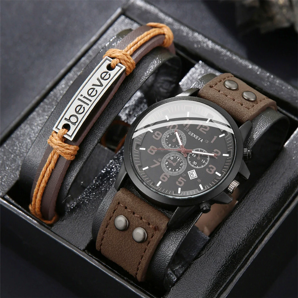 Business Casual Men's Alloy Imitation Leather Stainless Steel Buckle Round Dial Bracelet Set