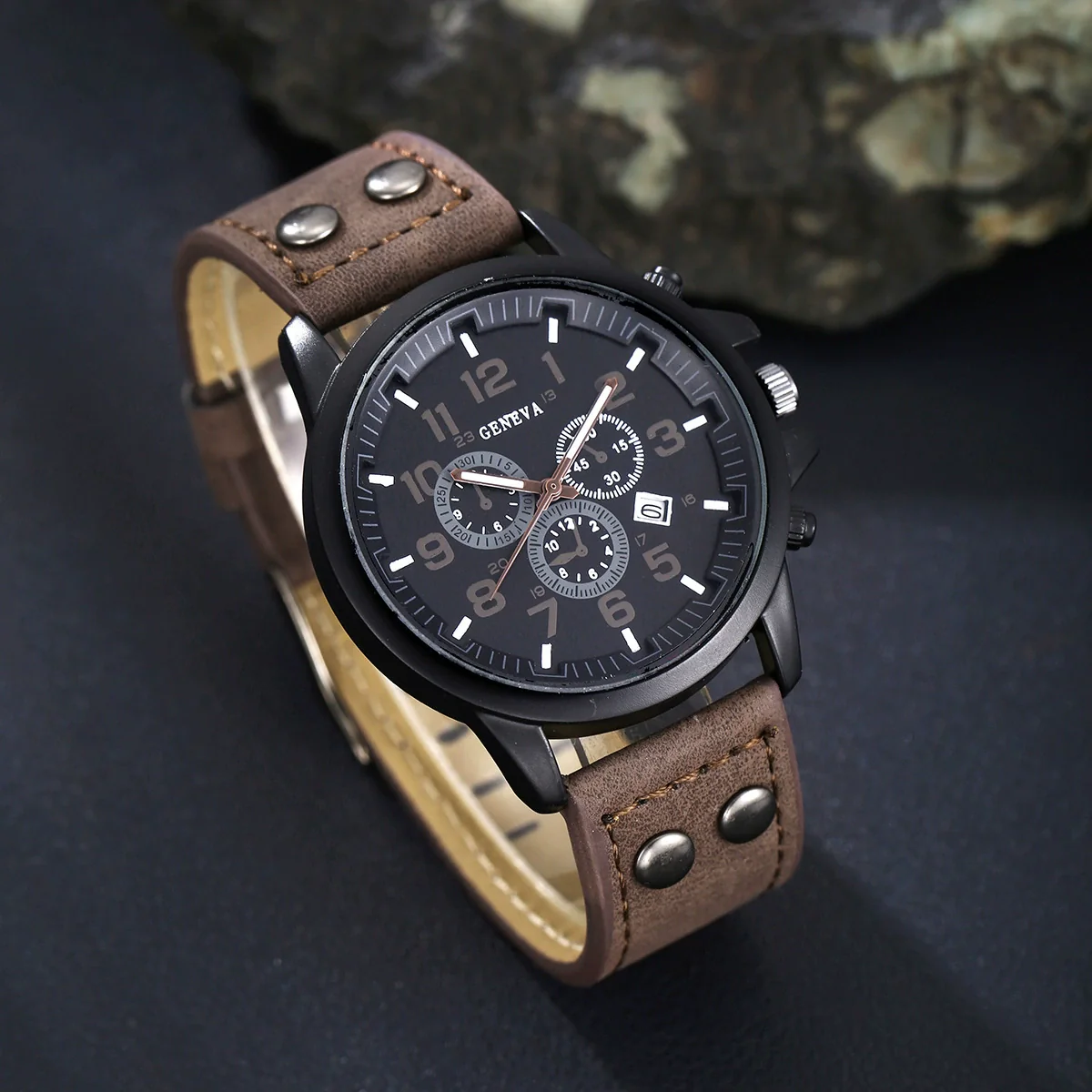 Business Casual Men's Alloy Imitation Leather Stainless Steel Buckle Round Dial Bracelet Set - Image 2
