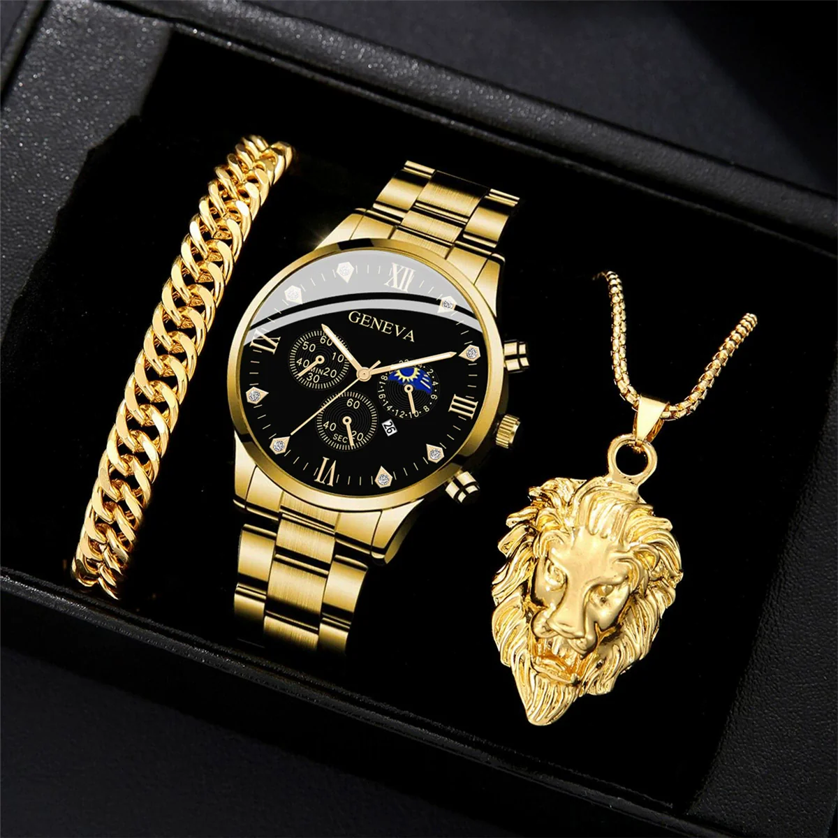 Business Men's Alloy And Stainless Steel Band Watch With Round Dial And Horseshoe Buckle Jewelry Set