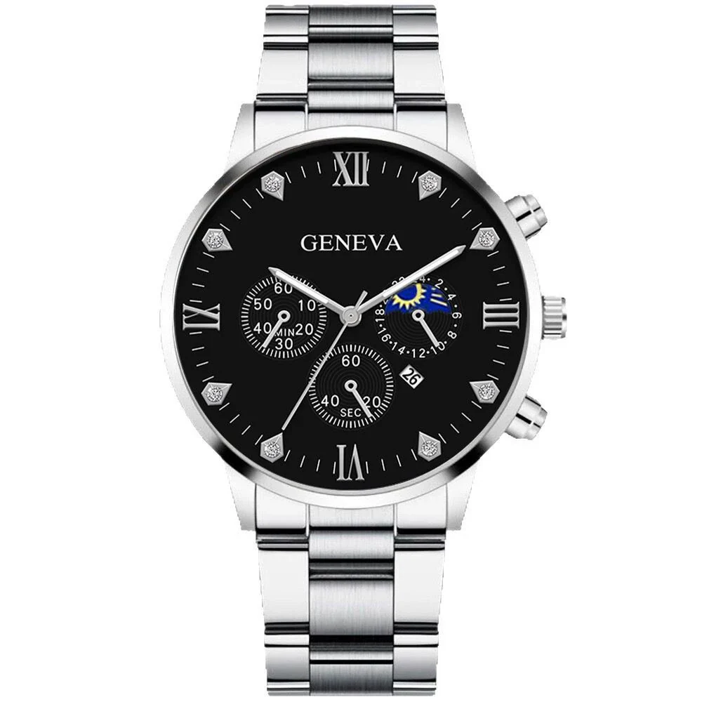 Business Men's Alloy And Stainless Steel Band Watch With Round Dial And Horseshoe Buckle Jewelry Set - Image 5