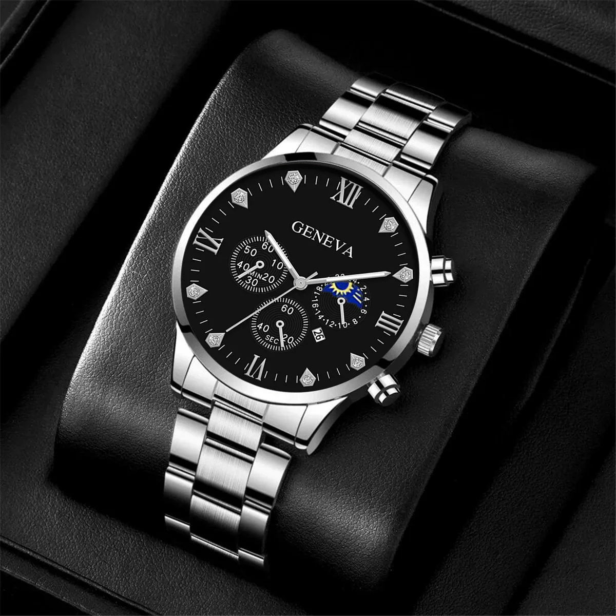 Business Men's Alloy And Stainless Steel Band Watch With Round Dial And Horseshoe Buckle Jewelry Set - Image 7