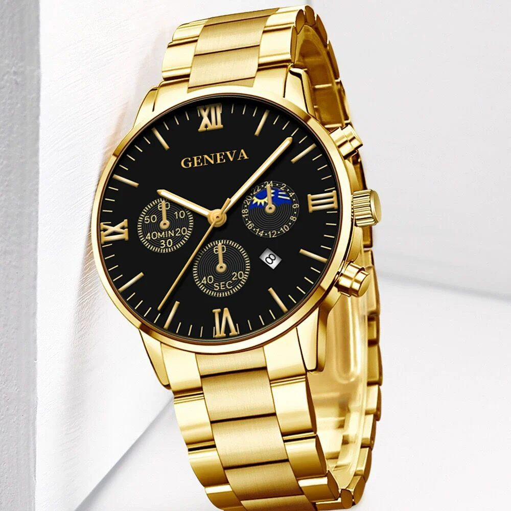 Business Men's Alloy Case Stainless Steel Band Round Dial Quartz Watch With Three Eye Calendar And Roman Scale
