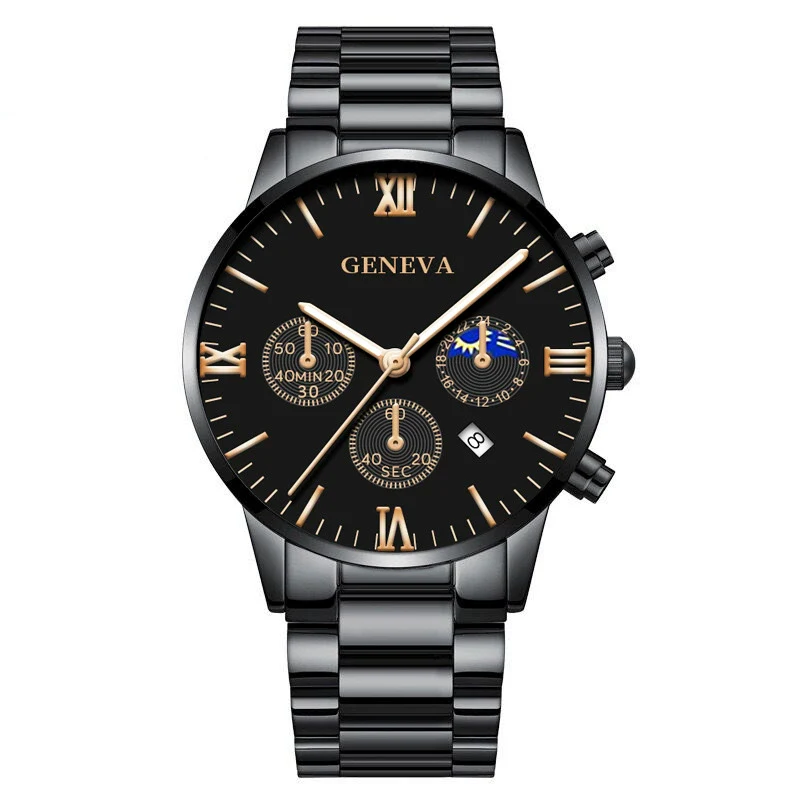 Business Men's Alloy Case Stainless Steel Band Round Dial Quartz Watch With Three Eye Calendar And Roman Scale - Image 10