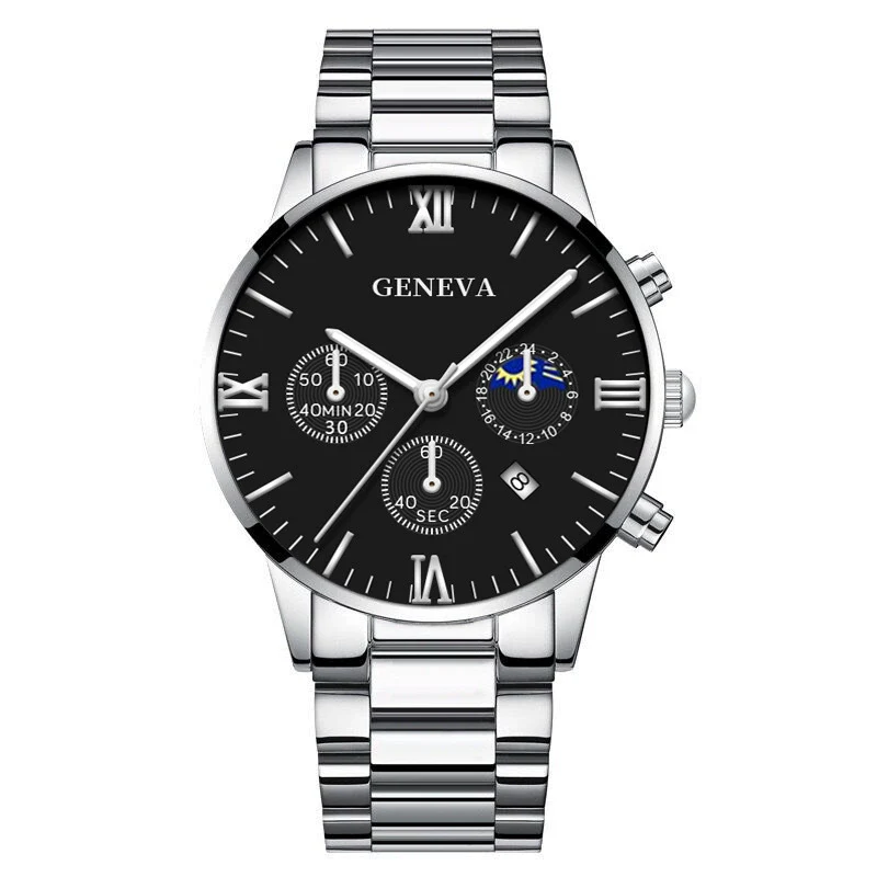 Business Men's Alloy Case Stainless Steel Band Round Dial Quartz Watch With Three Eye Calendar And Roman Scale - Image 11