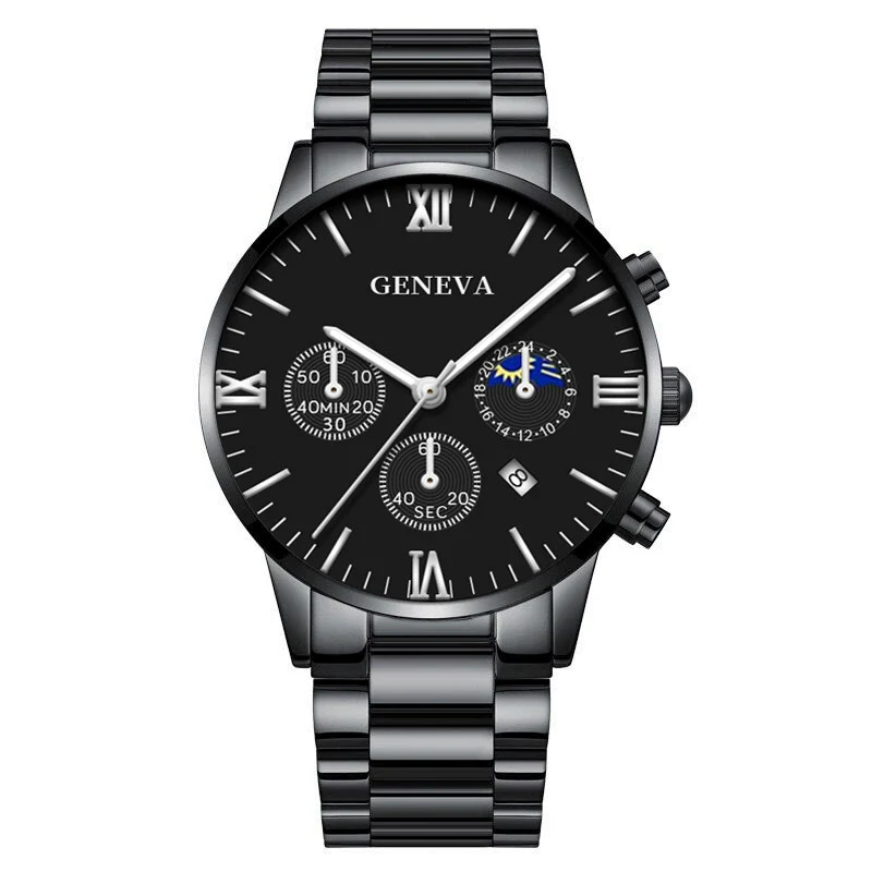 Business Men's Alloy Case Stainless Steel Band Round Dial Quartz Watch With Three Eye Calendar And Roman Scale - Image 12