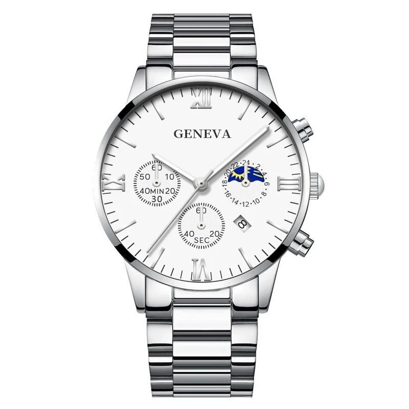 Business Men's Alloy Case Stainless Steel Band Round Dial Quartz Watch With Three Eye Calendar And Roman Scale - Image 13