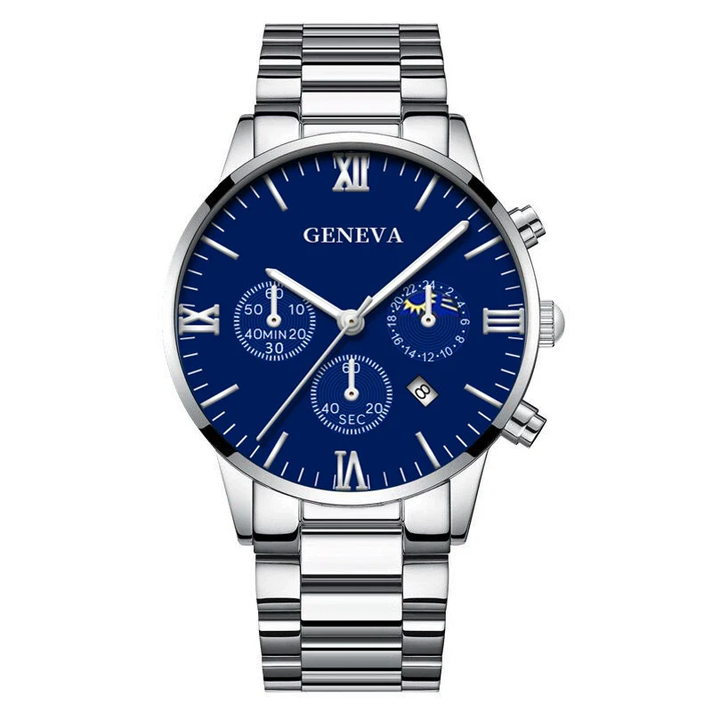 Business Men's Alloy Case Stainless Steel Band Round Dial Quartz Watch With Three Eye Calendar And Roman Scale - Image 14